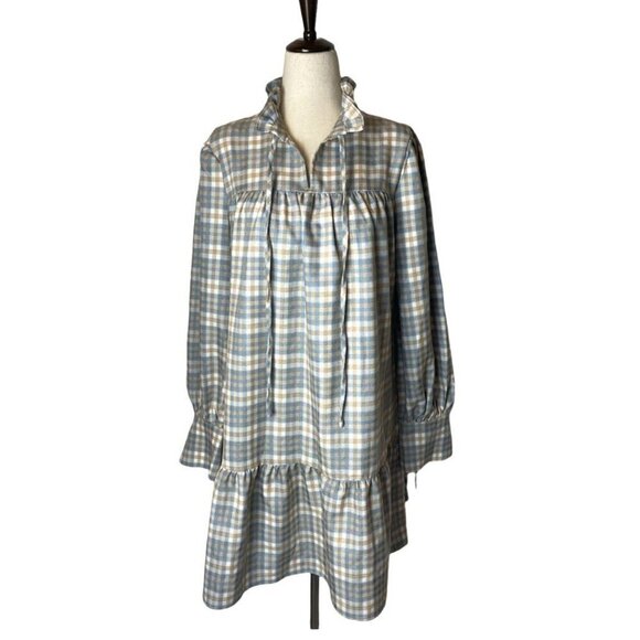 Glamorous Asos Blue Tan And Ivory Plaid‎ Ruffled Tie Neck Mini Dress Size S - Picture 2 of 11